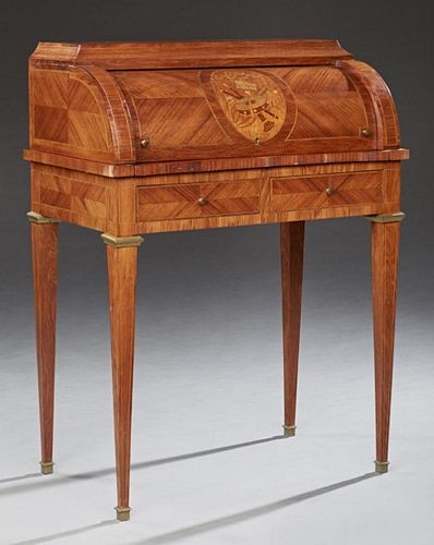 French Belle Epoque Marquetry Inlaid Mahogany Cylinder Desk, 19th c., the rectangular plateau over a convex top opening to an