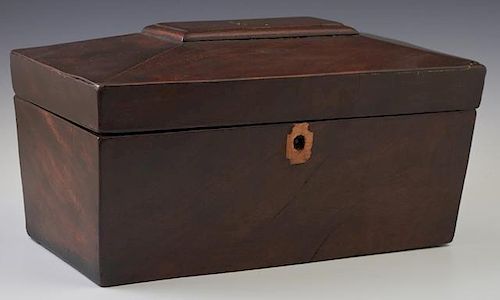 English Carved Mahogany Tea Caddy, 19th c., of sarcophagus form, the sloping lid over an interior with two lidded tin boxes f