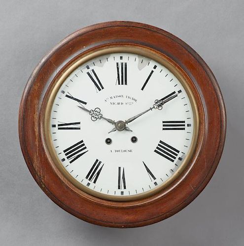 French Carved Oak Circular Wall Clock, c. 1870, time and strike, the eglomise face painted "Ane. Maison Tiguol Nicaud a Toulo