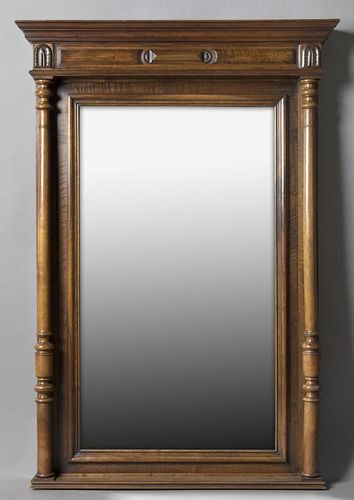 French Henri II Style Carved Walnut Overmantel Mirror, 19th c., the stepped crown above a wide beveled rectangular plate flan