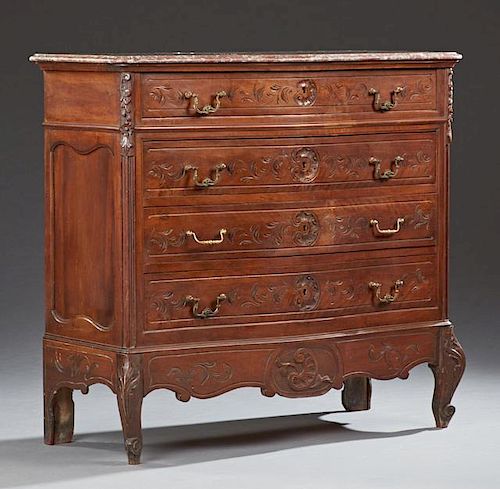 French Louis XV Style Carved Walnut Marble Top Bowfront Commode, 20th c., the bowed Breche d'Aleps marble above a frieze draw