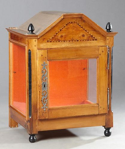 French Louis Philippe Inlaid Cherry Reliquary, mid 19th c., the arched crown above a cupboard door with a long iron escutcheo