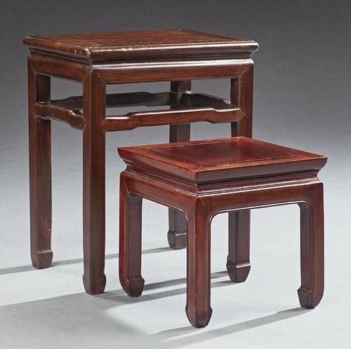 Nest of Two Chinese Carved Mahogany Tables, 20th c., on block legs, Taller- H.- 20 1/4 in., W.- 16 1/4 in., D.- 12 in.
