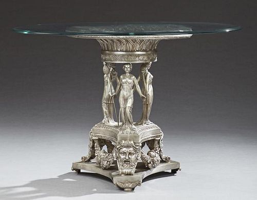 Bronze Center Table, 20th c., the thick beveled edge round glass top on an urn form base supported by the three graces, on a 