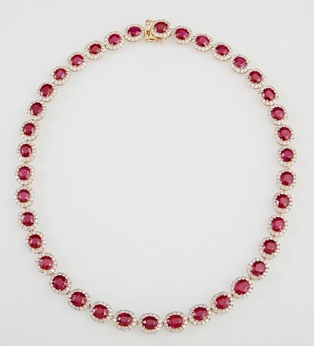 18K Yellow Gold Link Necklace, each of the thirty-eight oval links with a ruby atop a border of round diamonds, total ruby we