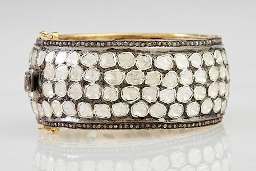 Gold Plated Silver Hinged Diamond Bangle Bracelet, mounted with 130 illusion tablet diamonds, within small round rose cut dia