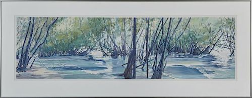 Evelyn Menge (Louisiana), "The Atchafalaya," 1985, watercolor, signed and dated lower right, presented in a metal frame, H.- 