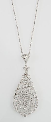14K White Gold Pendant, of latticed teardrop form, mounted with numerous small round white diamonds with a diamond mounted ba