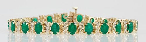 14K Yellow Gold Link Bracelet, each of the 21 links with an oval emerald bordered by a row of two round diamonds, total emera