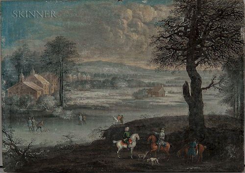 Dutch School, 18th Century  Winter Scene with Foreground Hunters and Figures Playing on the Ice