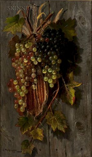 Samuel W. Griggs (American, 1827-1898)  Grapes and Corn Husks Hanging Against a Wooden Wall