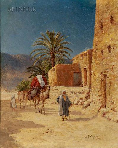 Alexis Auguste Delahogue (French, 1867-1953)  Orientalist Landscape with Man and Laden Camels