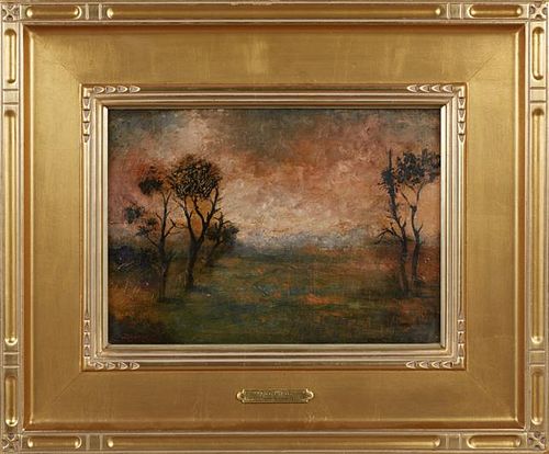 Julian Walbridge Rix (1850-1903), "Sunset Through Dark Trees," 19th c., oil on board, signed lower left, presented in a wide 