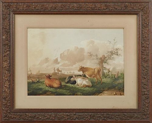 American School, "Cows in the Field," c. 1880, watercolor, presented in a carved oak frame, H.- 11 in., W.- 16 in.