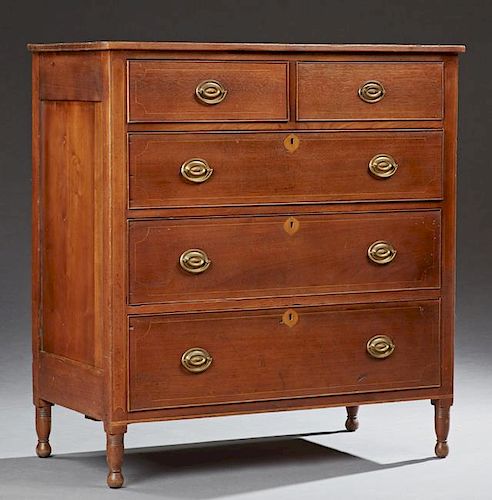 American Georgian Style Carved Walnut Chest, 19th c., the rectangular top above double frieze drawers over three graduated dr