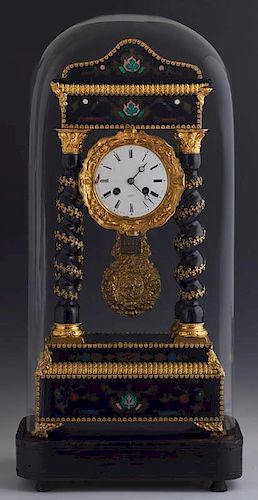 French Empire Boulle Inlaid Ebonized Bronze Mounted Portico Clock, c. 1870, time and strike, by Samuel Marti, the movement st