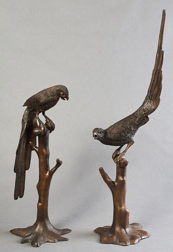 Pair of Patinated Bronze Parrot Figures, 20th c., on perches to integral floriform bases, H.- 35 in., W.- 6 in., D.- 12 in.