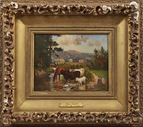 Pal Vago (1853-1928, Hungarian), "Watering Cattle," 20th c., oil on canvas, signed lower right, presented in a gilt and gesso