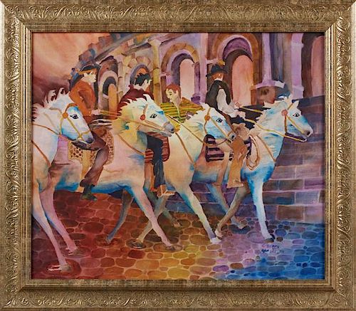 C. Henry, "Horses and Riders," 2004, watercolor, signed and dated lower right, presented in a pressed gilt wood frame, H.- 19