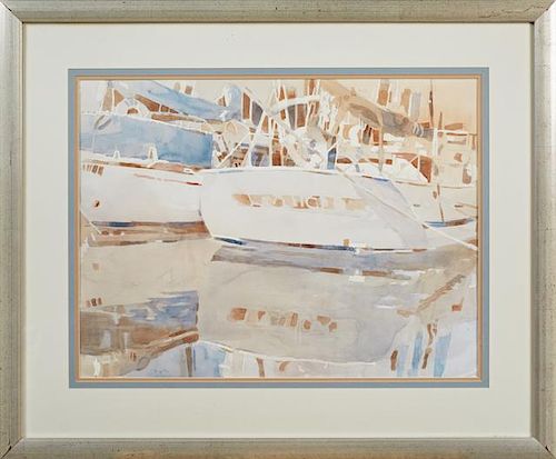 Judi Betts (1936-, Baton Rouge), "Boats in the Harbor," 20th c., watercolor, signed lower left, presented in a silvered frame