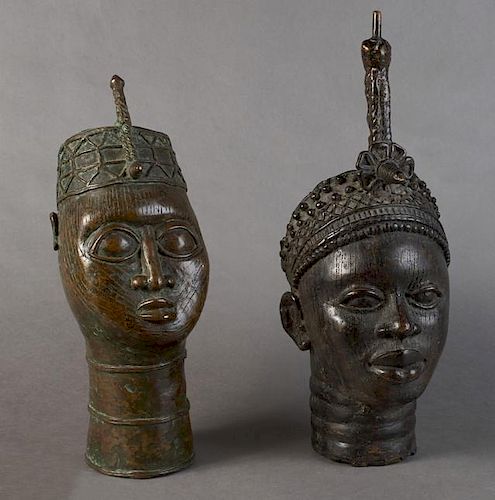 Two African Benin Bronze Oba Heads, 20th c., Tallest- 19 in., W.- 6 3/4 in., D.- 9 in.
