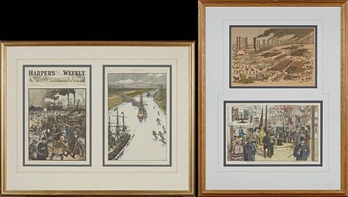 Four Hand Colored Prints, 1885, relating to the New Orleans Exposition, presented in two gilt frames, two from Harper's Weekl