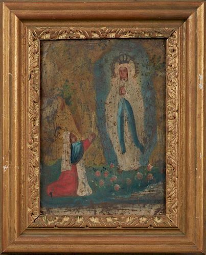 South American School, " Praying to the Virgin Mary," 19th c. retablo, oil on tin, presented in a carved giltwood and gesso f