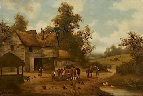 Charles Vickers (1821-1845), "Barnyard Scene with Horses," 19th c., oil on canvas