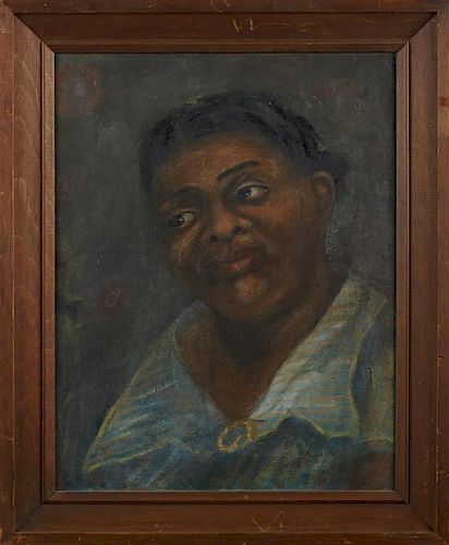 Grace Conover (Michigan), "Portrait of a Black Woman," 20th c., oil on masonite, presented in a wide pine frame," H.- 21 5/8 