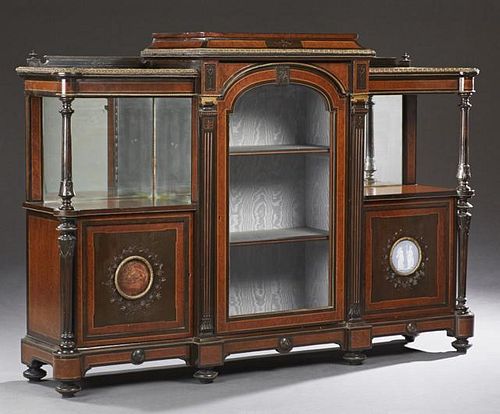 French Bronze Mounted Inlaid Burled and Ebonized Walnut Parlor Cabinet, c. 1880, the raised center section with an arched gla