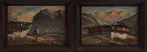 Ralph Fehey, "Tyrolean Mountain Landscape," early 20th c., oil on board, pencil signed verso, presented in shadowbox frames, 