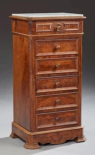 French Louis Philippe Style Carved Walnut Marble Top Nightstand, c. 1850, the highly figured inset canted corner white marble