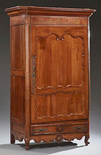 French Louis XV Style Inlaid Carved Cherry Armoire, c. 1800, the stepped canted corner ogee crown over a large single door wi