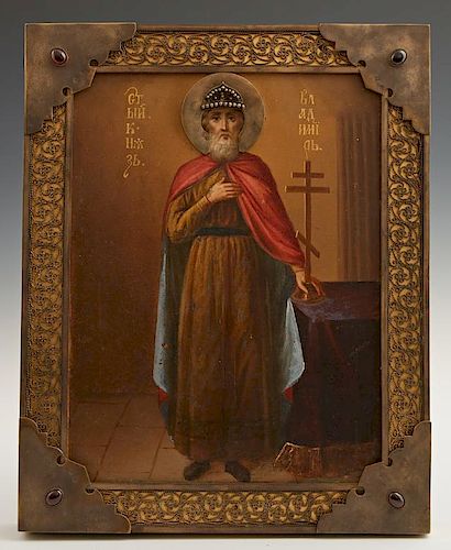 Russian Icon of Saint Vladimir, 1908-1917, Moscow, in a gilt silver filigree frame, the corners mounted with oval cabochon ga
