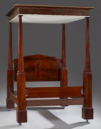 American Classical Carved Mahogany Full Tester Bed, 19th c., the slanted edge muslin covered tester, on four tapered square s