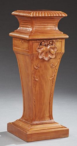 French Louis XVI Style Carved Cherry Pedestal, 20th c., the square carved edge top over a tapered square support, on a steppe