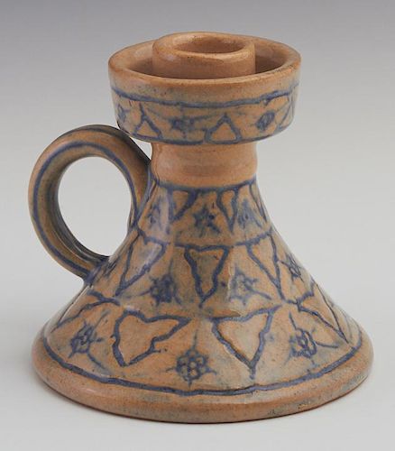 Newcomb College Art Pottery High Glaze Chamberstick, 1929, by Sadie Irvine, with incised leaf and floral decoration, the base