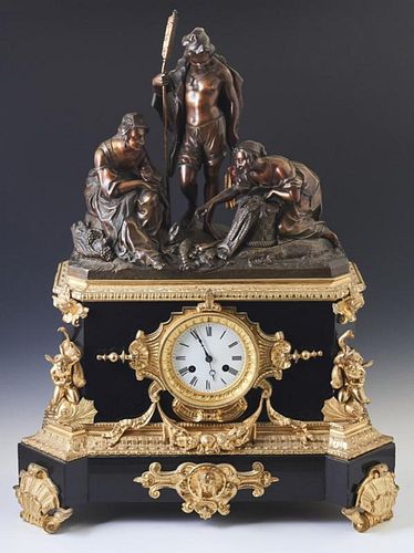 Exceptional French Gilt and Patinated Bronze and Black Marble Figural Mantle Clock, c. 1880, the top with a large patinated b