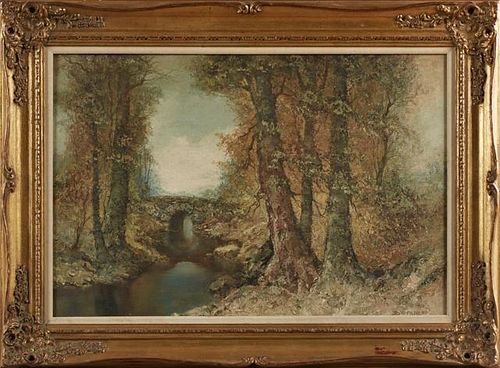 Wilhelm Brauer (1924 -, German), "The Stone Bridge Through the Trees," 20th c., oil on canvas, siined lower left, presented i