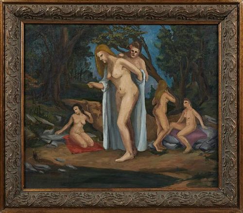 James Devita, "Bathers by the Stream," 1948, oil on canvas, signed and dated verso, presented in an ornate gilt and gesso fra