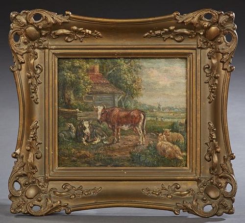 Dutch School, "Cattle and Farmhouse," 19th c., oil on panel, presented in a gilt and gesso frame, H.- 6 1/2 in., W.- 7 3/4 in