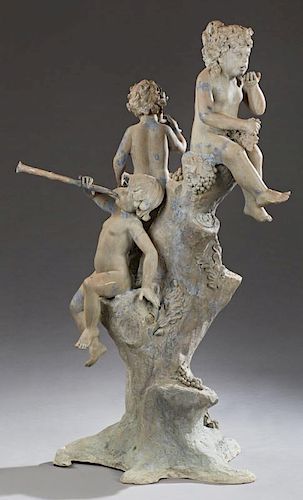 Large French Style Patinated Bronze Figural Fountain Sculpture, late 20th c., with three putti seated on a tree trunk base wi