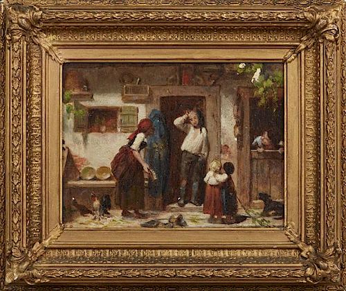 Continental School, "Peasants at the Farmhouse," 19th c., oil on panel, initialed "WIS" lower left, presented in a period gil