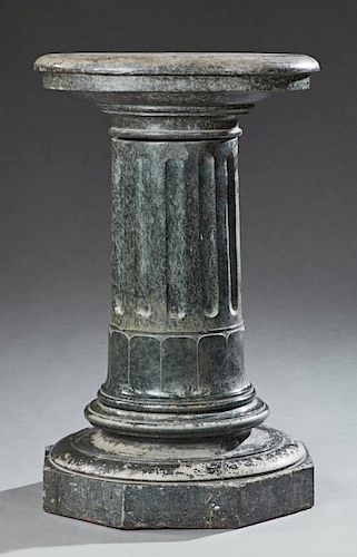 Continental Verde Antico Marble Pedestal, late 19th c., the stepped oval top on a fluted support, to a black marble socle sup