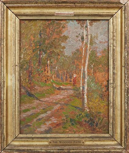 American School, "The Wooded Path," late 19th c., oil on board, signed indistinctly lower center, presented in a gilt frame, 