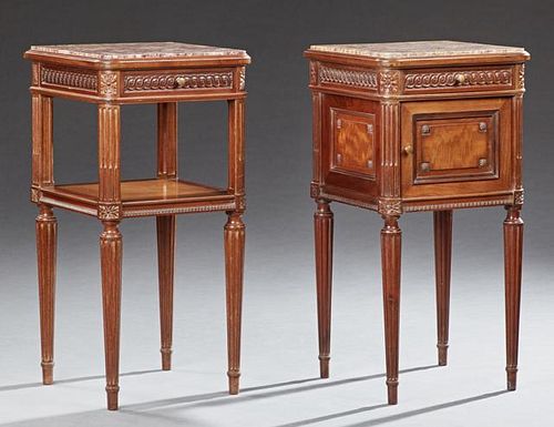 Pair of French Louis XVI Style Carved Beech Marble Nightstand, 20th c., each with an inset highly figured ocher and violette 