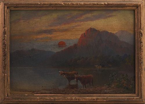 American School, "Cows Watering," 20th c., oil on masonite, presented in a gilt frame, H.- 7 3/4 in., W.- 11 1/4 in. Provenan