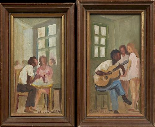 Mjull Movai, "The Guitar Player," and, "French Quarter Bar," 1972, two oils on masonite, signed, presented in mahogany frames