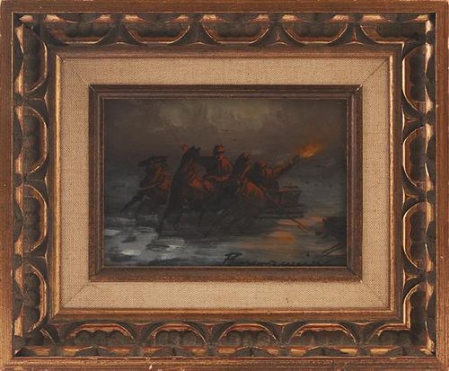 Russian School, "Fleeing the Wolves," 20th c., oil on masonite, signed indistinctly lower right, presented in a carved gilt w
