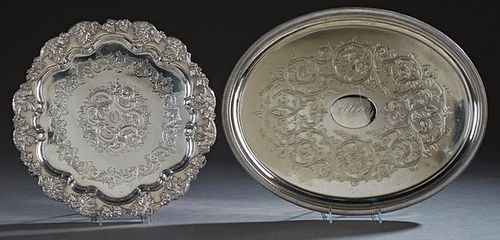 Two Silverplated Serving Trays, one by Roger Smith, 19th c., Hartford Connecticut, of oval form, with incised decoration, the